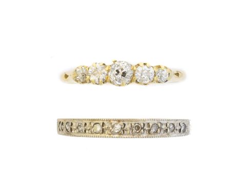 Two diamond dress rings, to include a diamond half eternity ring, together with a diamond five stone ring, estimated total di