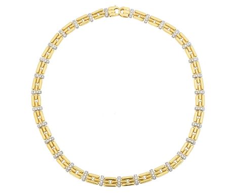An 18ct gold diamond necklace by Chimento, of bi-colour design, the fancy link chain with brilliant cut diamond bar spacers a