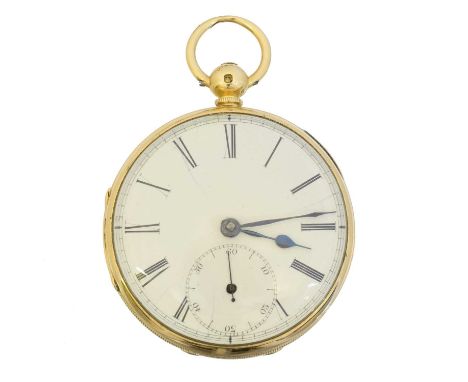 An 18ct gold open face pocket watch, the circular white enamel dial with roman numeral hour markers, subsidiary seconds dial 