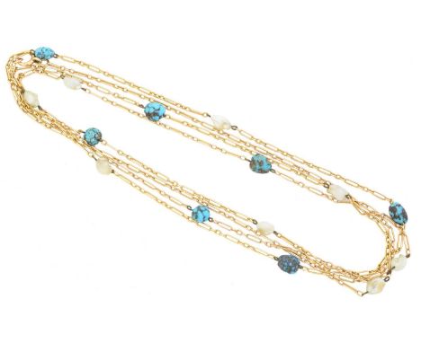 An early 20th century turquoise and pearl longuard chain, the trace link chain with elongated link, turquoise and freshwater 