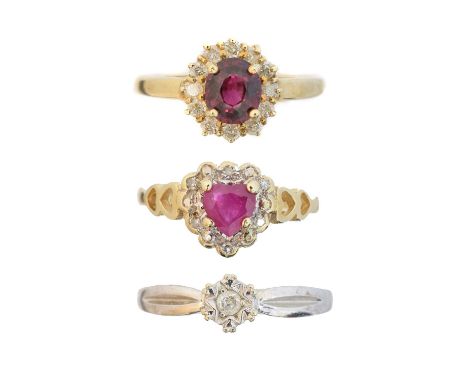 Three 9ct gold gem-set dress rings, to include a diamond single stone ring, a ruby and diamond cluster ring, and a tourmaline