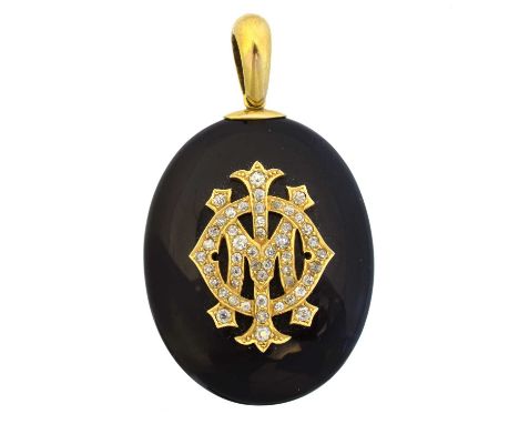 A Victorian onyx and diamond mourning locket, the oval onyx locket with old cut diamond monogram detailing to front, glazed p