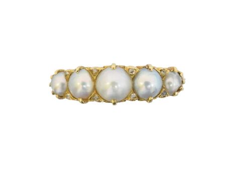 An 18ct gold split pearl and diamond dress ring, the graduated split pearl line with rose cut diamond duo accents, stamped 18