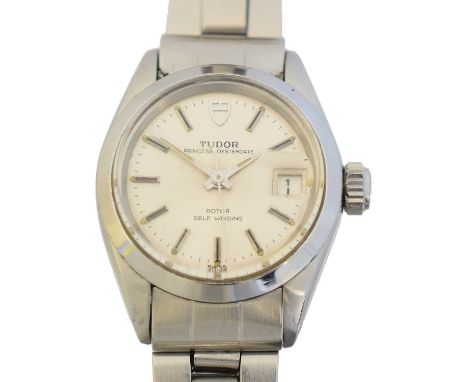 A stainless steel Tudor Princess Oysterdate watch, circa 1980, model no. 92400, the signed dial with baton hour markers and d