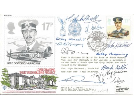 Lord Dowding Sheltered Housing Project cover RAF(AC)29 signed by Sqn Ldr K N T Lee and 8 DFC DFM winners. Signatures include 