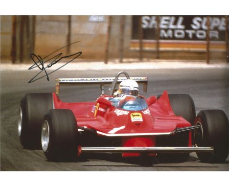 Jody Scheckter signed 10 x 8 inch Ferrari motor racing photo. He competed in Formula One from 1972 to 1980, winning the Drive