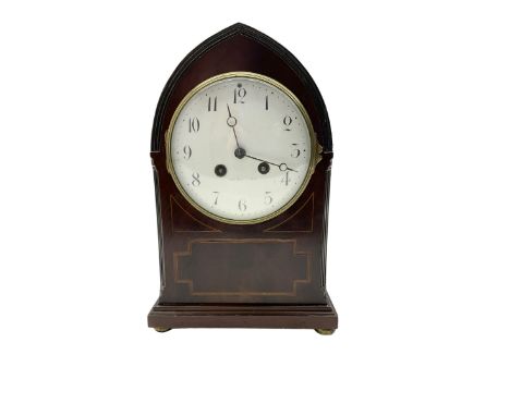 French - late 19th century 8-day mahogany cased Lancet clock with inlay, case with reeded and canted corners to the front, on