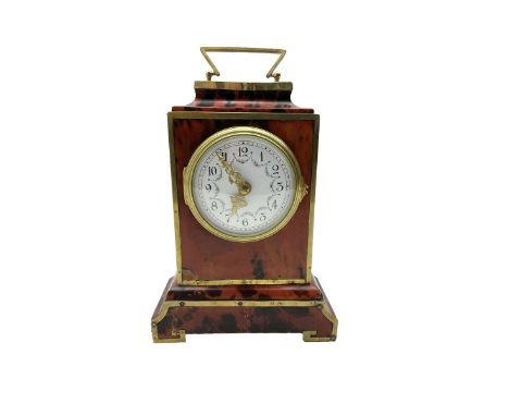 French - Early 20th century faux tortoiseshell mantle clock, rectangular case on a shaped plinth with carrying handle, enamel