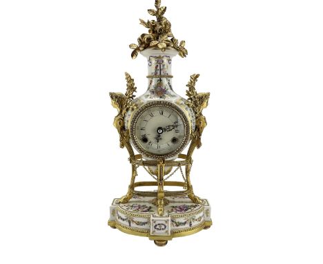 Hermele - 20th century porcelain and gilt mantel clock, spring driven twin train drum movement housed in a porcelain case wit