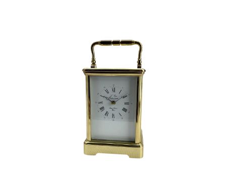 Mid-20th century L'pee 8-day striking carriage clock, corniche case with an oval viewing glass and four glass panels, white e