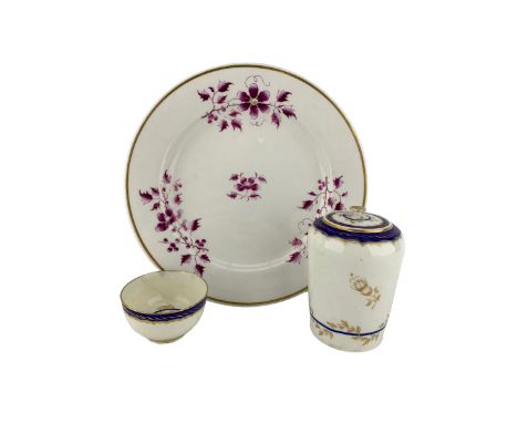 Worcester Flight and Barr tea caddy of circular design decorated with flowers and leaves in gilt and dark blue H12cm, matchin