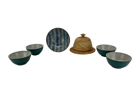 David Lloyd Jones (1928-1994) - Set of four turquoise studio pottery bowls, D13cm,  bowl with a blue geometric pattern D20cm 