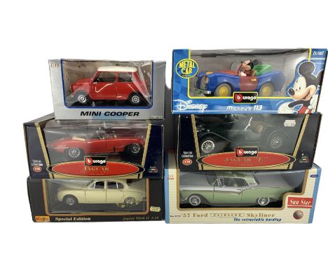 Model vehicles including 1:18 scale Sunstar Classic Models no. 1332 57 Ford Fairlane Skyliner, Burago 1:18 scale Special Coll