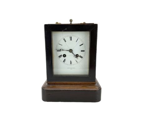 Potonie of Paris - French pendule D'Officer campaign clock in an ebonised case c1820, rectangular case on a curved plinth wit