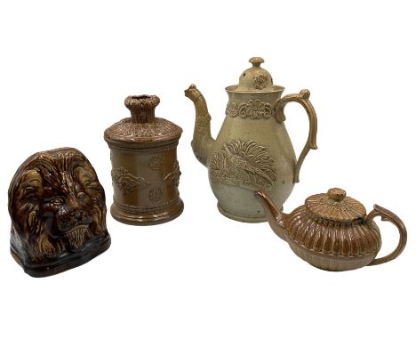 19th century Brampton salt glaze stoneware teapot, with moulded and applied decoration of a Pheasant and Hare H23cm, 19th cen