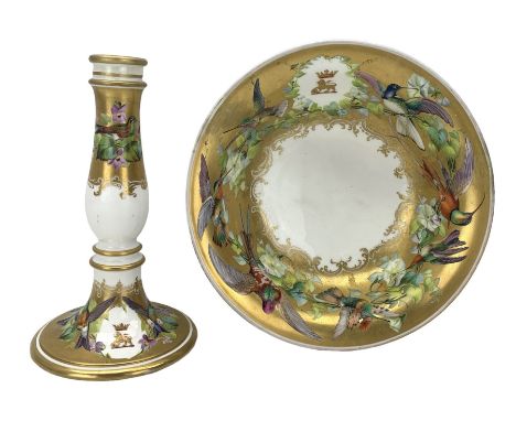 Late 19th century bowl decorated with a border pattern of hummingbirds and with a Ducal coronet crest on a gilt ground D25cm 