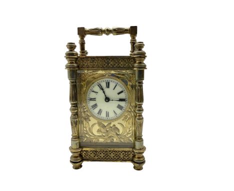 French - Edwardian timepiece 8-day carriage clock c1910 with a decorative case cast finished in high relief with elaborate pi