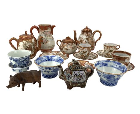 Japanese Kutani matched part tea ware, Japanese carved model of a pig with glass eyes, Cloisonne teapot in the form of an Ele