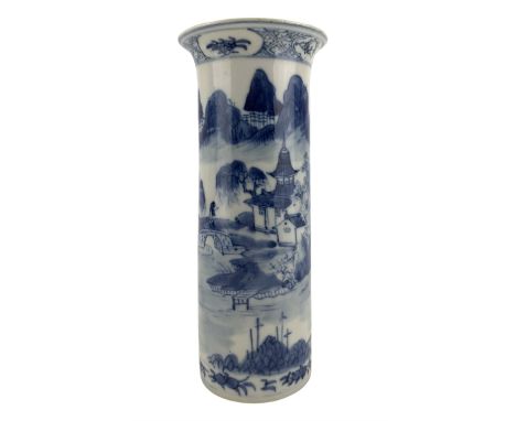 19th century Chinese sleeve vase, painted in underglaze blue with a continuous mountainous landscape with figures and buildin