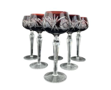 Set of six Bohemian cut hock glasses with ruby coloured bowls on chamfered stems H19cm 