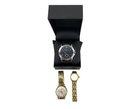 Accurist 9ct gold gentleman's manual wind wristwatch, on expanding gilt strap, Rotary ladies gold-plated wristwatch and a Dan