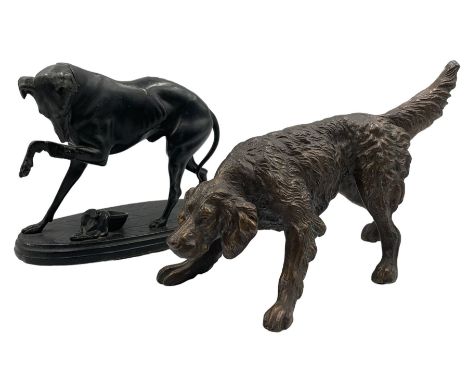 Bronzed spelter model of a Hound L22cm, together with a brozned model of a whippet with it's paw raised, on oval stepped base