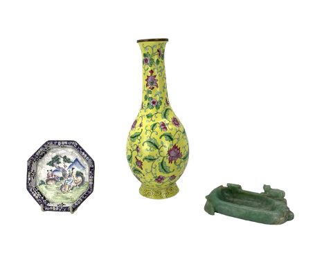 Chinese green hardstone brush washer carved as a Lotus leaf with a cat W13cm, Canton enamel vase decorated with flowers on a 