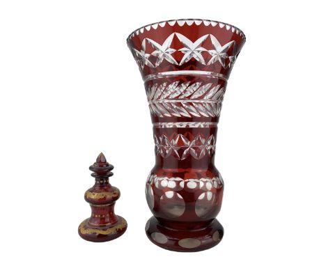 Early 20th century Ruby overlay glass vase with flared rim and bulbous base H26cm, together with a 19th century Bohemian ruby