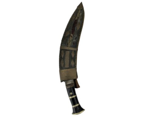 Nepalese Kukri with two skinning knives in brass mounted leather scabbard