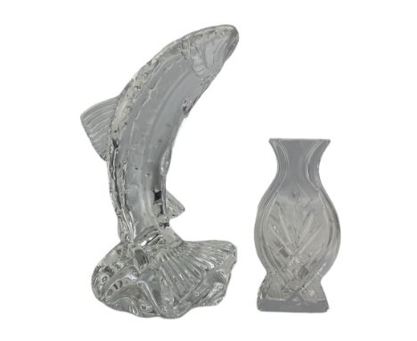 Waterford crystal model of a leaping salmon H21cm and a Waterford waisted glass vase H12cm 