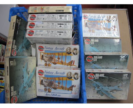 Twelve 1:72nd Scale Plastic Model Military Aircraft Kits by Airfix, including Roland CII, Airco DH4 1918, a mixture of sealed