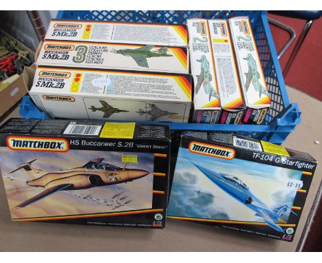 Eight 1:72nd Scale Plastic Model Military Aircraft Kits by Matchbox, including HS Bucaneer, kits appear complete, however som