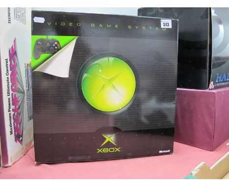 An Original Microsoft X-Box Video Game System Console, non original control pad, literature, boxed, untested.