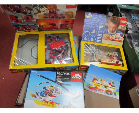 Three Lego Sets, to include #6385 Legoland Fire Station, Technic #8640 helicopter, Legoland #6482 light and sound system heli