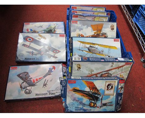 Ten 1:72nd Scale Plastic Model Military Aircraft Kits, by Roden, all with a WWI theme including Albatros.4, Nieuport II, kits