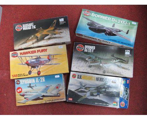 Six Plastic Model Military Aircraft Kits by Airfix, mostly 1:72nd scale including Dassault Mirage, F.IC, some loose parts not