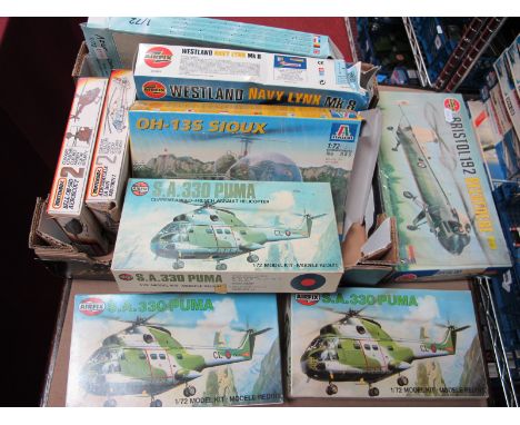 Nine 1:72nd Scale Plastic Model Helicopter Kits, by Matchbox Italeri, Airfix and other including OH-135 Sioux, S.A 330 Puma (