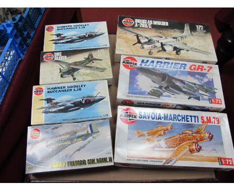 Seven Airfix 1:72nd Scale Plastic Model Military Aircraft Kits, including Harrier GR-7 Savoia- Marchetti S.M.79, kits appear 