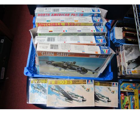 Eight 1:72nd Scale Plastic Model Military Aircraft Kits, by Italeri including Mitchell B25 Medium Bomber "Gun Ship" (2) FW 19