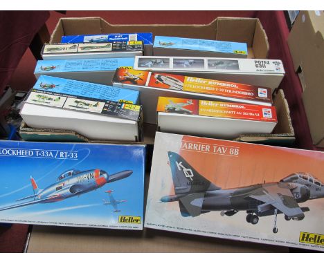 Eleven 1:72nd Scale plastic Model Military Aircraft Kits, by Heller including Harrier TAV 8B, Arado AR 196A, kits appear unst