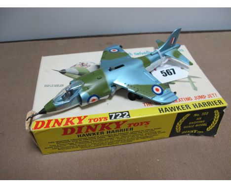 Dinky Toys No 722 Hawker Harrier, overall very good plus, except for bend to 'nose cone', leaflet in tact, boxed two inner fl