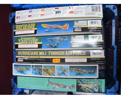 Six 1:72nd Scale Plastic Model Military Aircraft Kits, by Hasegawa, Academy Fujimi,, kits appear unstarted some loose parts n