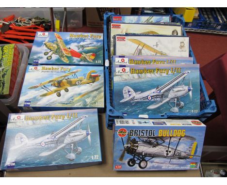 Nine 1:72nd Scale Plastic Model Military Aircraft Kits, by Airfix, Roden A Model  including Hawker Fury PFALZ D.IIIa, kits ap