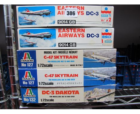 Five 1:72nd Scale Plastic Model Aircraft Kits, by Italeri, Esci, including Eastern Airways DC-3, C-47  'Skytrain, DC3- Dakota