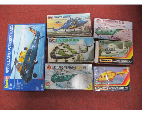 Seven Plastic Model Helicopter Kits, by Airfix, Revell, Matchbox all 1:72nd scale including Revell Westland Wessex HA53, kits