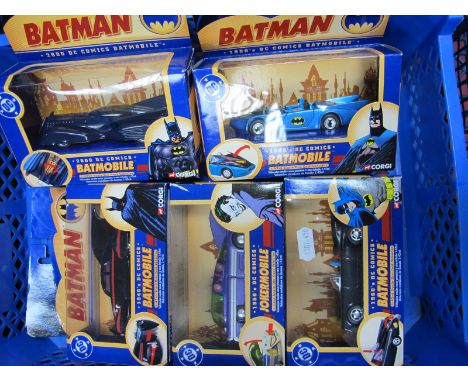 Five 1:43rd Scale Modern Corgi Batman 'DC Comics' Diecast Model Vehicles, including 1940's DC Comics Batmobile, 1950's DC Com