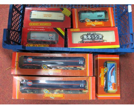Seven "OO" Gauge Rolling Stock Items, by Hornby to include  #R236 'Gulf' tank wagon, #R.145 Red Arrows support van, boxed.