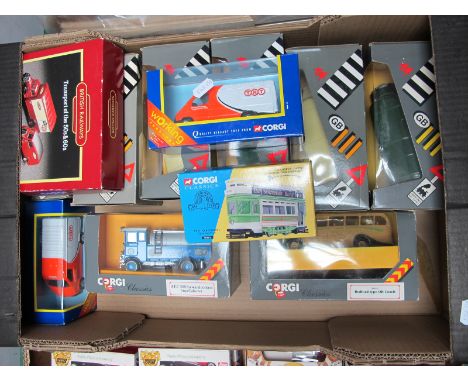 Thirteen Diecast Model Vehicles, by Corgi including Ford Transit van TNT, AEC 508 forward control 5 ton cabover, all boxed.