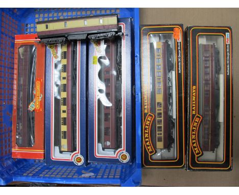 Six "OO" Scale Eight Wheel Coaches by Hornby and Mainline, all British Rail including crimson, cream, all boxed.