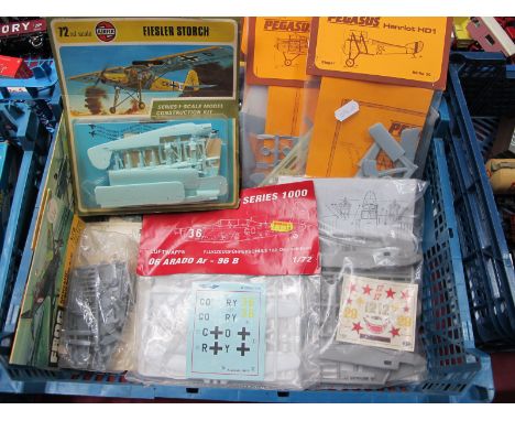 Eight 1:72nd Scale Plastic Model Aircraft Kits, by Pegasus, Airfix, Frog and other including Fiesler Storch, Morane Saulinier